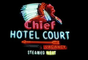 Images Dated 27th January 2023: USA, Nevada, Las Vegas, Route 66, Chief Hotel Court, Neon Sign, Vintage 2011