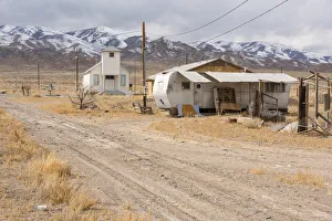 USA, Nevada, Luning, Pax Americana, Church and trailer in the desert USA, Nevada, Luning, Pax Americana, Church and trailer in the desert