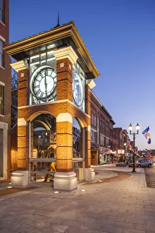 USA, New England, New Hampshire, Concord, Main Street and clocktower, dusk