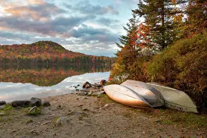 Kettle Pond Prints: USA, New England, Vermont, Canoes next to Kettle Pond in Groton State Forest