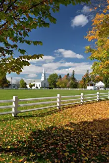 Tim Mannakee Prints: USA, New England, Vermont, Picket fence surrounding the playing field in Craftsbury Common in the fall