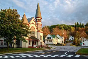 Indian Summer Prints: USA, New England, Vermont, Windsor County, Ludlow, Baptist Church