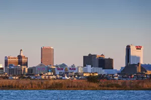 USA, New Jersey, Atlantic City, skyline from the west, dusk
