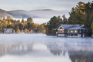 Mirror Lake Prints: USA, New York, Adirondack Mountains, Lake Placid, Mirror Lake fog at dawn
