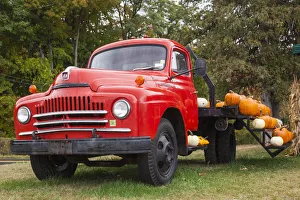 Trucks Prints: USA, New York, Adirondack Mountains, Crown Point, truck with autumn pumpkins