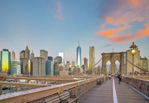 Images Dated 11th January 2016: USA, New York, Brooklyn Bridge and Lower Manhattan Skyline with Freedom Tower