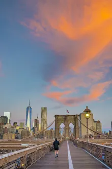 Images Dated 11th January 2016: USA, New York, Brooklyn Bridge and Lower Manhattan Skyline with Freedom Tower