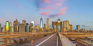 USA, New York, Brooklyn Bridge and Lower Manhattan Skyline with Freedom Tower