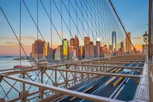 USA, New York, Brooklyn Bridge and Lower Manhattan Skyline with Freedom Tower