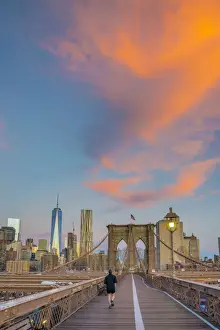 USA, New York, Brooklyn Bridge and Lower Manhattan Skyline with Freedom Tower