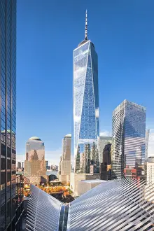 One World Trace Center Prints: USA, New York City, elevated view of the Freedom Tower and the World Trade Center with the PATH station (Oculus)
