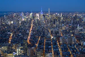 Usa, New York City, Manhattan, Lower Manhattan, Skyline at sunset viewed from One