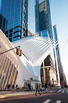 Sunshine Prints: USA, New York City, people crossing the road in front of the Path station (Oculus) & World Trade Center
