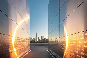 Q4 2023 Prints: USA, New York City, Empty skies 9/11 memorial in Liberty state park with the Liberty Tower and the World Trade Center