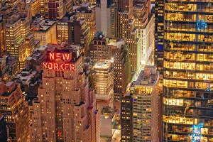 The Edge Prints: USA, New York City, skyline with the New Yorker red sign from above