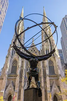 Q4 2023 Prints: USA, New York City, View of the Atlas Statue near Rockefeller Center with St