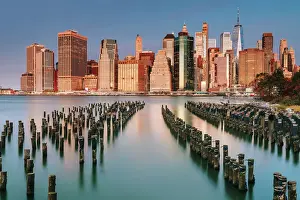 East River Prints: USA, New York City, view of the Financial District with the Granite Prospect old pier in the foreground