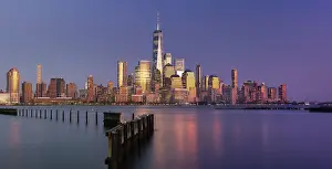USA, New York City, View of Manhattan with the Freedom tower and the World Trade Center reflecting in the Hudson river