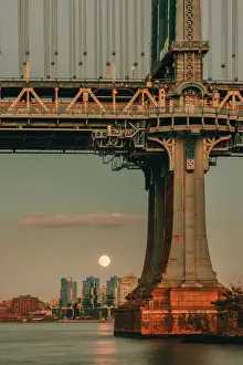 Iron Prints: USA, New York City, view of the Moon rising behind the Manhattan Bridge