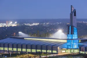USA, New York, Finger Lakes Region, Ithaca, Ithaca College Athletics Center, dawn