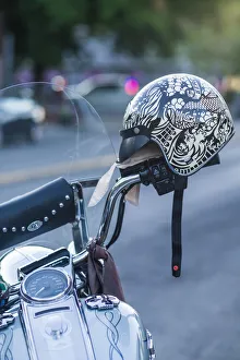 USA, New York, Finger Lakes Region, Watkins Glen, motorcycle and helment