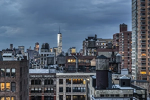 USA, New York, Freedom Tower over rooftops and water tanks