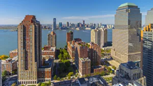 Panoramas Prints: USA, New York, Lower Manhattan, Jersey City in New Jersey across Hudson River