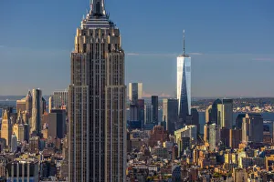 USA, New York, Midtown and Lower Manhattan, Empire State Building and Freedom Tower