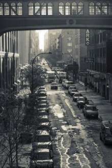 USA, New York, New York City, Lower Manhattan, elevated city street view from