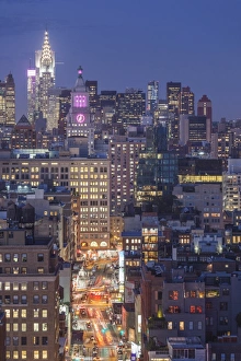 USA, New York, New York City, Lower Manhattan, elevated view of SoHo, dusk