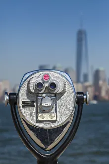 USA, New York, New York City, Lower Manhattan, binoccular and The Freedom Tower