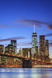 The City At Night Prints: USA, New York, New York City, Lower Manhattan and Brooklyn Bridge