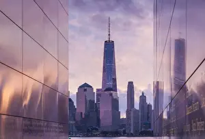 USA, New York, New York City, Lower Manhattan and Freedom Tower from 9-11 Memorial, dawn