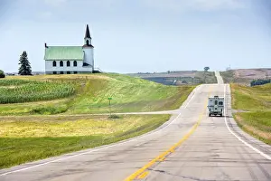 USA, North Dakota, The Closed James River Lutheran Church, Highway 200, Camper