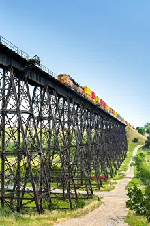 USA, North Dakota, Minot, High Line Railroad Bridge, Hi-Line, Freight Train