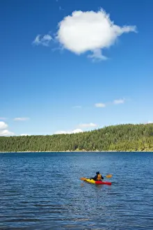 Kayak Prints: USA Oregon, La Pine, Newberry Volcanic National Monument, Kayaker on Paulina Lake