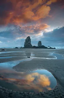 Cannon Beach Prints: USA; Pacific Northwest, Oregon, Oregon Coast, Cannon Beach, sunset on beach (m)