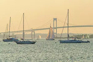 Sail Boat Prints: USA, Rhode Island, Newport, Narragansett Bay, Claiborne Pell Bridge or Newport Bridge