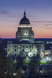 Providence Prints: USA, Rhode Island, Providence, Rhode Island State House, exterior, elevated view, dusk
