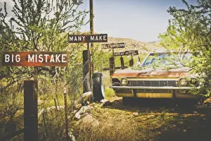 Americana Prints: USA, Route 66, details of an old rugged Coca Cola fridge and car, vintage processing