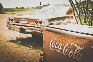 Americana Prints: USA, Route 66, details of an old rugged Coca Cola fridge and car, vintage processing