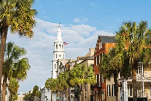 USA, South Carolina, Charleston, Colourful buildings in the historical centre and St USA, South Carolina, Charleston, Colourful buildings in the historical centre and St