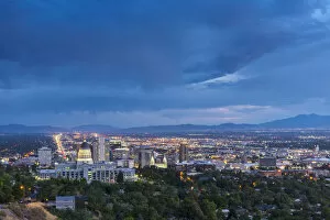 USA, Utah, Davis County, Salt Lake City, capitol, State street and capitol at dusk