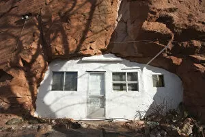 USA, Utah, Moab, Hole in the Rock tourist shop, small trailer in mountain, winter