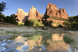 Virgin River Prints: USA, Utah, Zion National Park, Virgin River and Court of the Patriarchs Mountains