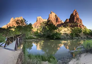 USA, Utah, Zion National Park, Virgin River and Court of the Patriarchs Mountains