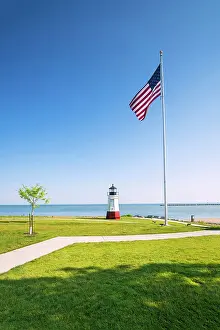Mid West Prints: USA, Vermilion, Ohio, Vermilion Lighthouse, Lake Erie, Main Street Beach And Park
