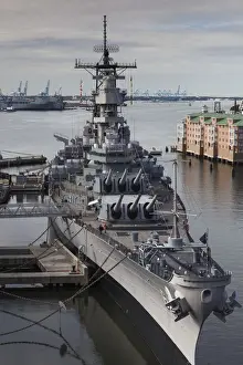 USA, Virginia, Norfolk, WW2-era battleship USS Wisconsin, elevated view
