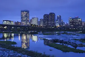 Richmond Prints: USA, Virginia, Richmond, skyline along James River, dusk