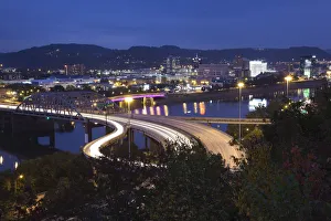 West Virginia Prints: USA, West Virginia, Charleston, city and I-64 bridge, evening
